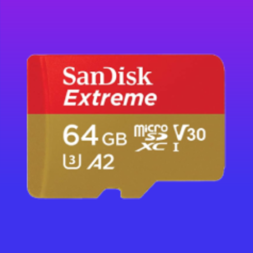 image d'une carte mémoire SD 64 Go UHS1 V30 sur fond dégradé bleu violet